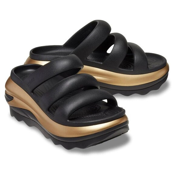 Crocs Shoes - Crocs Mega Crush Metallic Black/Gold Triple Strap Sandal Unisex Women 10/Men 8